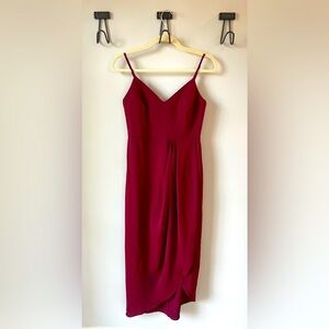 NWT Lulu’s burgundy faux wrap cocktail dress size XS, spaghetti strap, midi